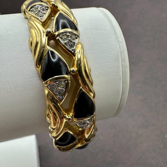 Vintage Saks Fifth Avenue Gold-Tone and Black Enamel and Quartz Bracelet - Picture 2 of 12
